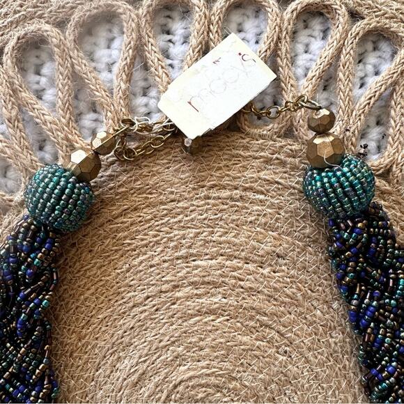 Macy's NWT Turquoise Blue Iridescent Heavily Beaded Braided Statement Necklace - Picture 4 of 8